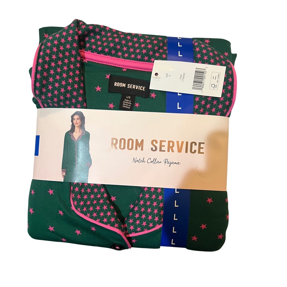 Room Service Notch Collar Pajama Set L Preppy Green Pink Cozy Holiday Gift Prep